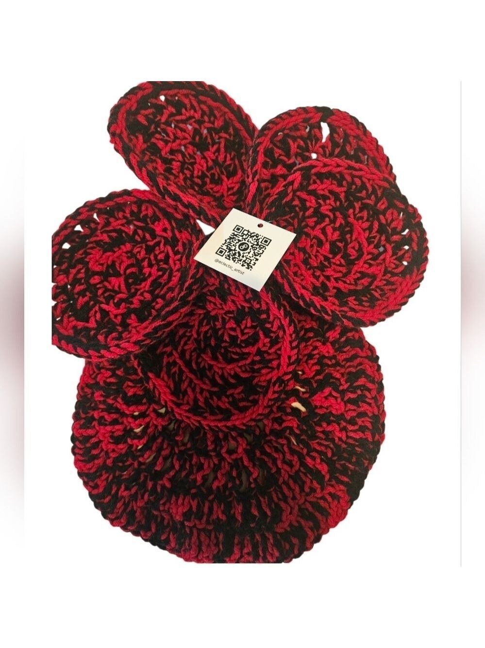 Hand Crafted Hand Knit Crochet Coaster 6pc Set Red & black double stitch floral